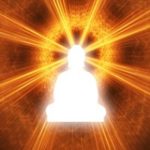 Silhouette of a Buddha with a white glow. Digitally Generated Image.